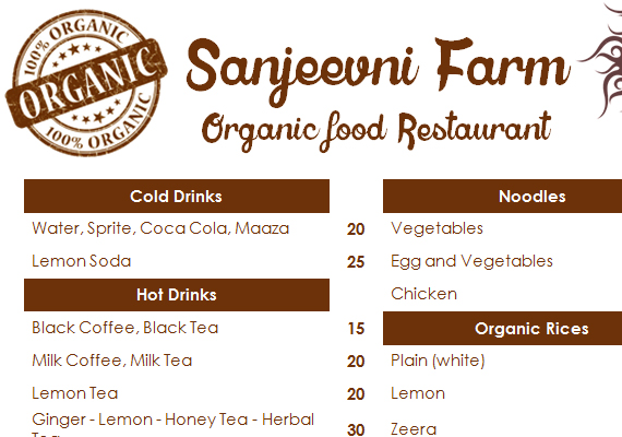 Diseño del menú del restaurante de la guesthouse Sanjeevni Farm
Organic food